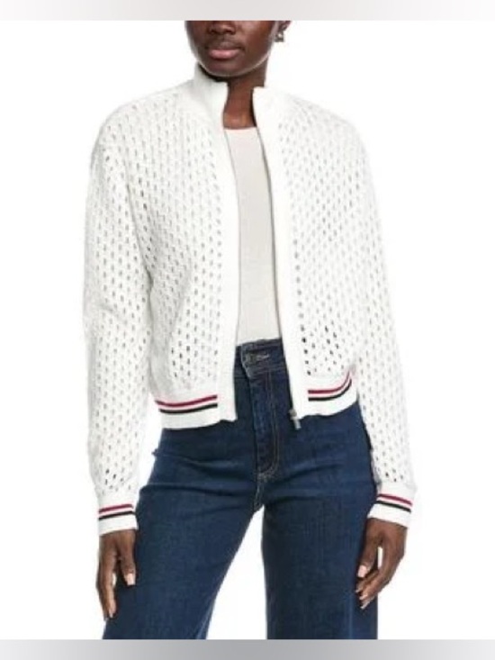 Hunter Jackets & Blazers - Hunter Women's White Cropped Openwork Bomber Jacket White with Red & Black Trim